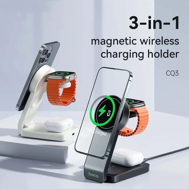Statie de incarcare wireless MagSafe Hoco CQ3, iPhone, iWatch, AirPods, alb