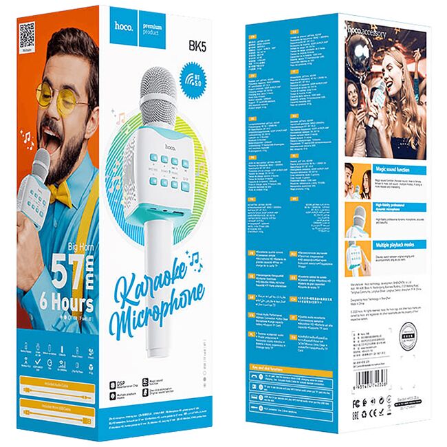 Microfon portabil wireless karaoke Hoco BK5, 5W, alb / albastru