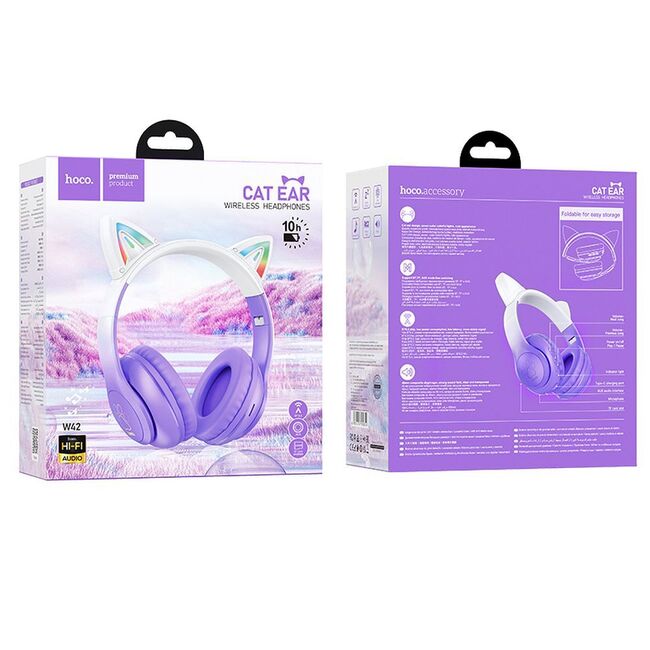 Casti cu urechi pisica Bluetooth pentru copii Hoco W42, mov