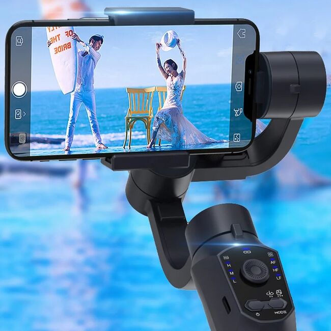 Stabilizator imagine pentru telefon cu trepied, Gimbal cu 3 axe, Inception Mode, Face Tracking, Remote Control, Zoom, 4000 mAh, negru
