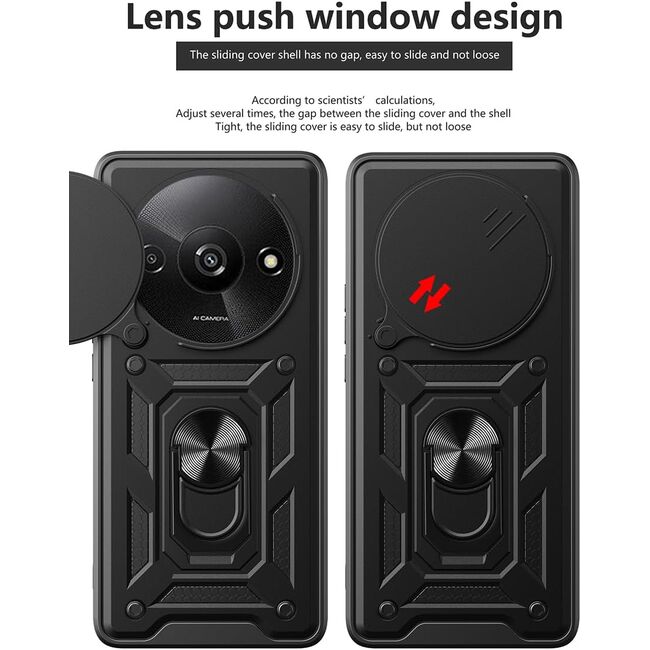Husa pentru Xiaomi Redmi A3 Ring Armor Kickstand Tough Rugged Cover cu protectie camera, Aiyando, negru