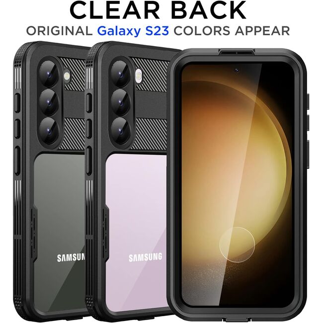 Pachet 360: Husa cu folie integrata Samsung Galaxy S23 ShellBox - Waterproof IP68, negru / transparent