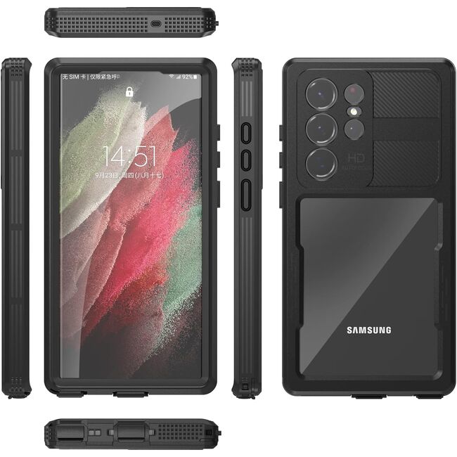 Pachet 360: Husa cu folie integrata Samsung Galaxy S23 Ultra ShellBox - Waterproof IP68, negru / transparent
