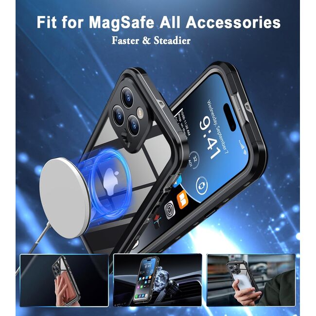 Pachet 360: Husa cu folie integrata iPhone 14 Pro Max cu MagSafe, ShockProof Dust-Water Proof Full Body, negru