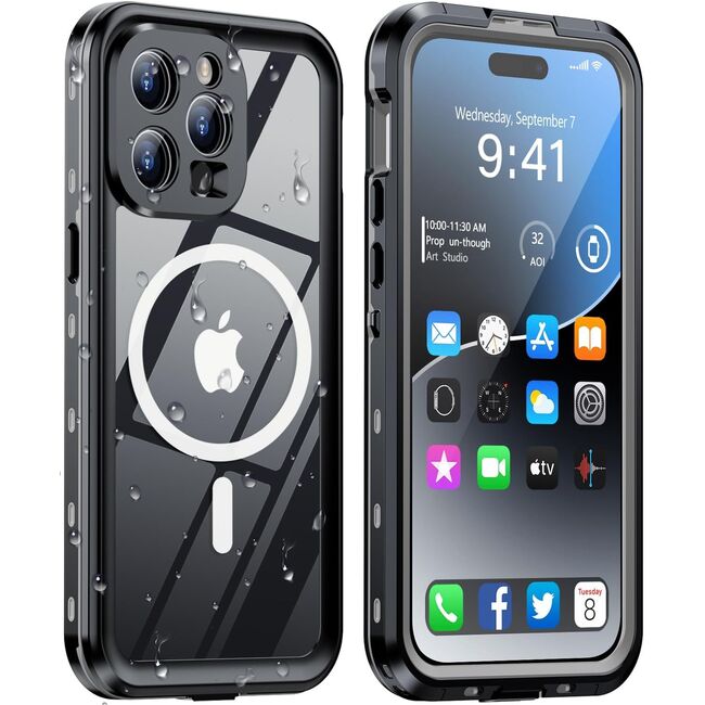 Pachet 360: Husa cu folie integrata iPhone 14 Pro Max cu MagSafe, ShockProof Dust-Water Proof Full Body, negru