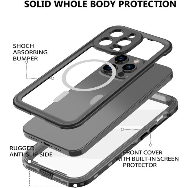 Pachet 360: Husa cu folie integrata iPhone 15 Plus cu MagSafe, ShockProof Dust-Water Proof Full Body, negru / transparent