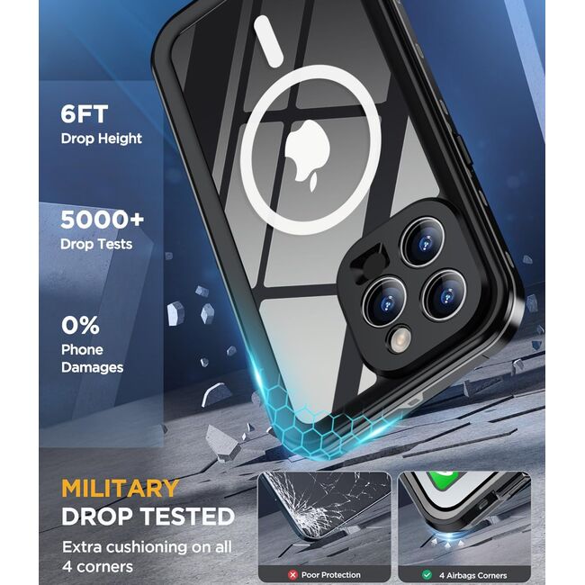 Pachet 360: Husa cu folie integrata iPhone 15 Pro Max cu MagSafe, ShockProof Dust-Water Proof Full Body, negru / transparent