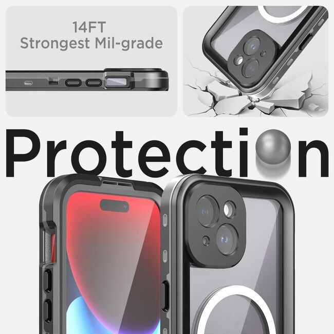 Pachet 360: Husa cu folie integrata iPhone 15 cu MagSafe, ShockProof Dust-Water Proof Full Body, negru / transparent