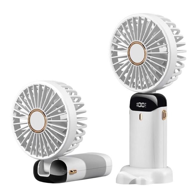 Ventilator portabil 4 in 1 de birou / mana / gat, 5 trepte de viteza, unghiuri reglabile pana la 90 grade, ecran LED, acumulator reincarcabil port USB-C, cu suport pentru telefon, alb