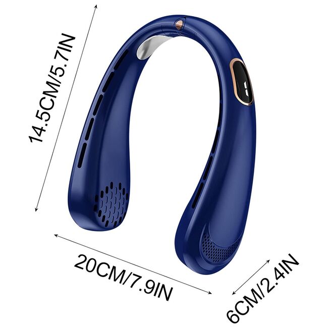 Ventilator portabil pentru gat, cu acumulator reincarcabil, 5 trepte de viteza cu display LED, deschidere ajustabila 1 - 19 cm, albastru