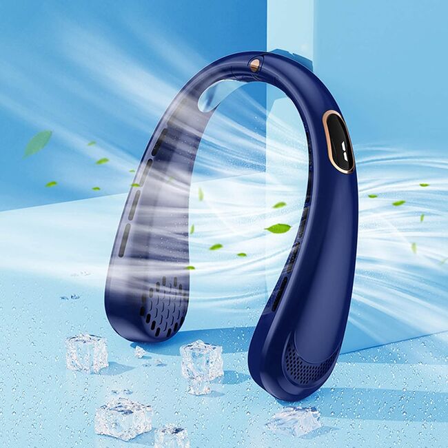 Ventilator portabil pentru gat, cu acumulator reincarcabil, 5 trepte de viteza cu display LED, deschidere ajustabila 1 - 19 cm, albastru