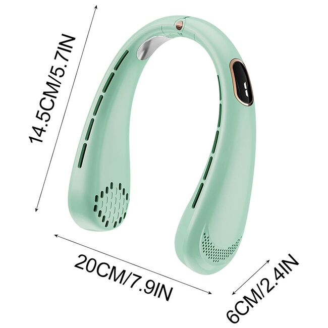 Ventilator portabil pentru gat, cu acumulator reincarcabil, 5 trepte de viteza cu display LED, deschidere ajustabila 1 - 19 cm, verde