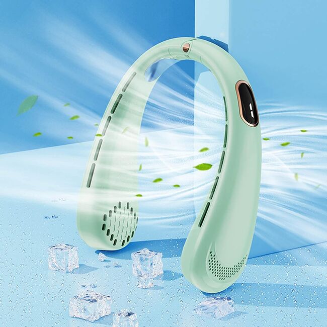 Ventilator portabil pentru gat, cu acumulator reincarcabil, 5 trepte de viteza cu display LED, deschidere ajustabila 1 - 19 cm, verde