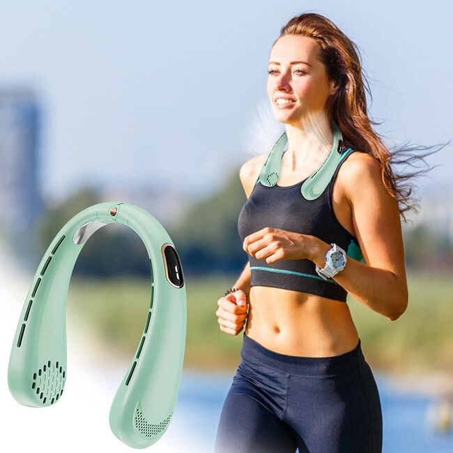 Ventilator portabil pentru gat, cu acumulator reincarcabil, 5 trepte de viteza cu display LED, deschidere ajustabila 1 - 19 cm, verde