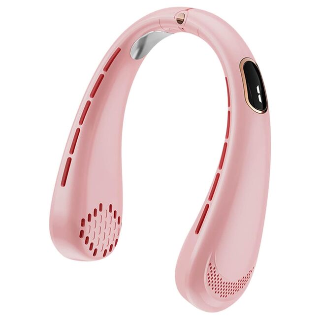 Ventilator portabil pentru gat, cu acumulator reincarcabil, 5 trepte de viteza cu display LED, deschidere ajustabila 1 - 19 cm, roz