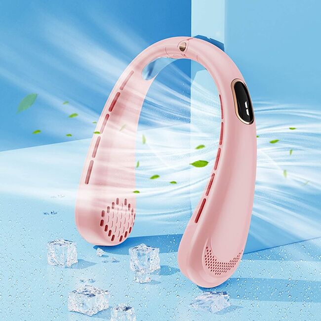 Ventilator portabil pentru gat, cu acumulator reincarcabil, 5 trepte de viteza cu display LED, deschidere ajustabila 1 - 19 cm, roz