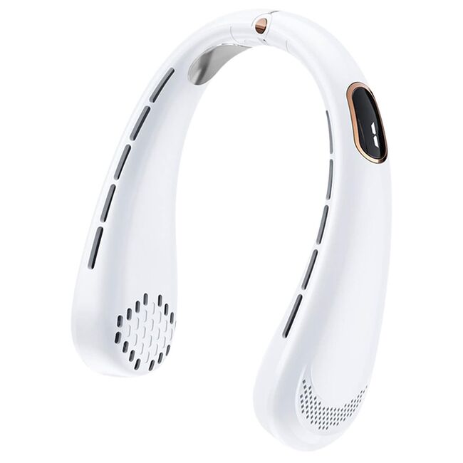 Ventilator portabil pentru gat, cu acumulator reincarcabil, 5 trepte de viteza cu display LED, deschidere ajustabila 1 - 19 cm, alb