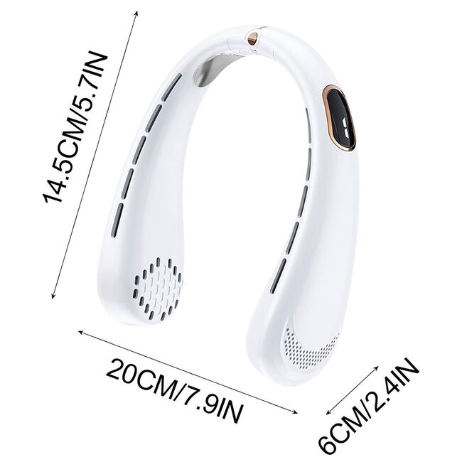 Ventilator portabil pentru gat, cu acumulator reincarcabil, 5 trepte de viteza cu display LED, deschidere ajustabila 1 - 19 cm, alb