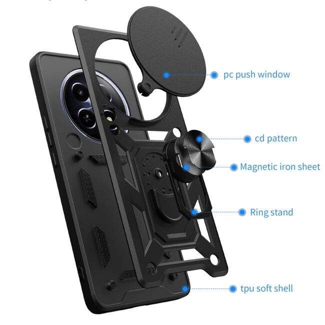 Husa pentru Honor Magic 6 Pro 5G Ring Armor Kickstand Tough Rugged Cover cu protectie camera (negru)