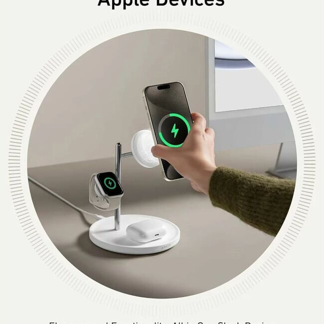 Incarcator wireless magnetic Anker MagGo 3in1, 15W, Qi2, pentru iPhone 15/14/13, AirPods Pro, Apple Watch Ultra, incarcator si cablu USB-C inclus, alb