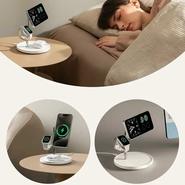Incarcator wireless magnetic Anker MagGo 3in1, 15W, Qi2, pentru iPhone 15/14/13, AirPods Pro, Apple Watch Ultra, incarcator si cablu USB-C inclus, alb