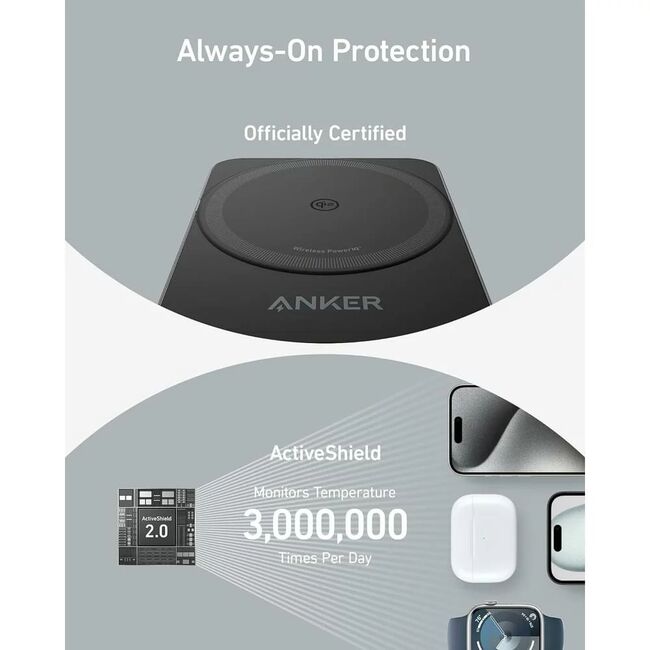 Incarcator wireless magnetic Anker MagGo 3-in-1, MagSafe compatibil, 15W, Qi2 Certificat, Pliabil, (incarcator si cablu USB-C inclus), negru