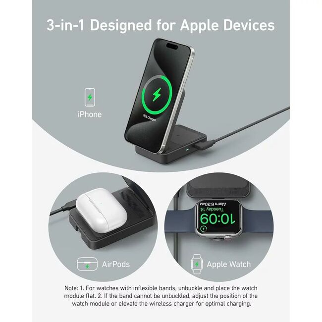 Incarcator wireless magnetic Anker MagGo 3-in-1, MagSafe compatibil, 15W, Qi2 Certificat, Pliabil, (incarcator si cablu USB-C inclus), negru