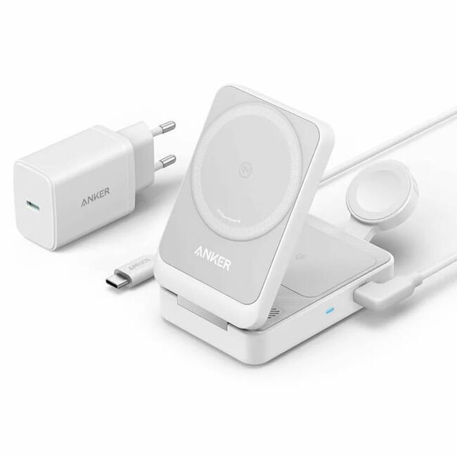 Incarcator wireless magnetic Anker MagGo 3-in-1, MagSafe compatibil, 15W, Qi2 Certificat, Pliabil, (incarcator si cablu USB-C inclus), alb