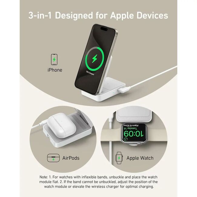 Incarcator wireless magnetic Anker MagGo 3-in-1, MagSafe compatibil, 15W, Qi2 Certificat, Pliabil, (incarcator si cablu USB-C inclus), alb