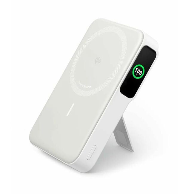 Baterie externa magnetica wireless Anker MagGo, Qi2, 10.000 mAh, 15W, USB-C, Suport Pliabil, Smart Display, pentru iPhone 15/14/13/12, alb