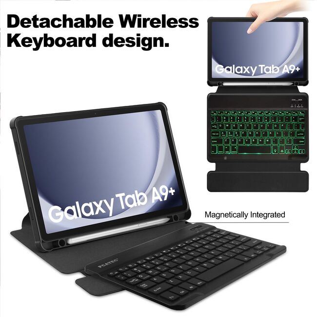 Husa cu tastatura iluminata pentru Samsung Galaxy Tab A9+ Plus 11 inch rotativa 360, negru