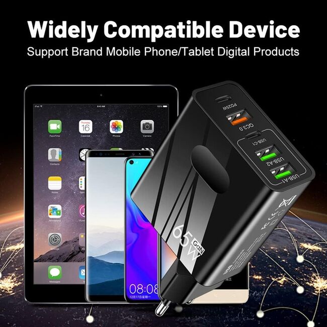 Incarcator priza 65W Fast Charge cu 5 porturi, 3 x USB 3.0, 2 x USB Type C, compatibil telefoane si tablete, negru