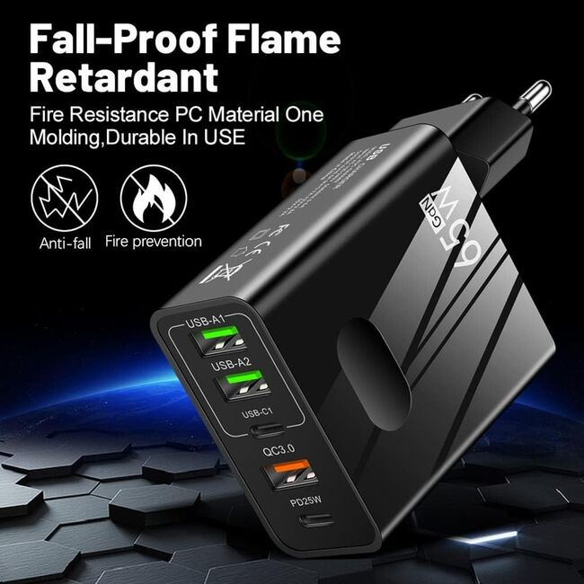 Incarcator priza 65W Fast Charge cu 5 porturi, 3 x USB 3.0, 2 x USB Type C, compatibil telefoane si tablete, negru