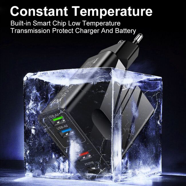 Incarcator priza 65W Fast Charge cu 5 porturi, 3 x USB 3.0, 2 x USB Type C, compatibil telefoane si tablete, negru