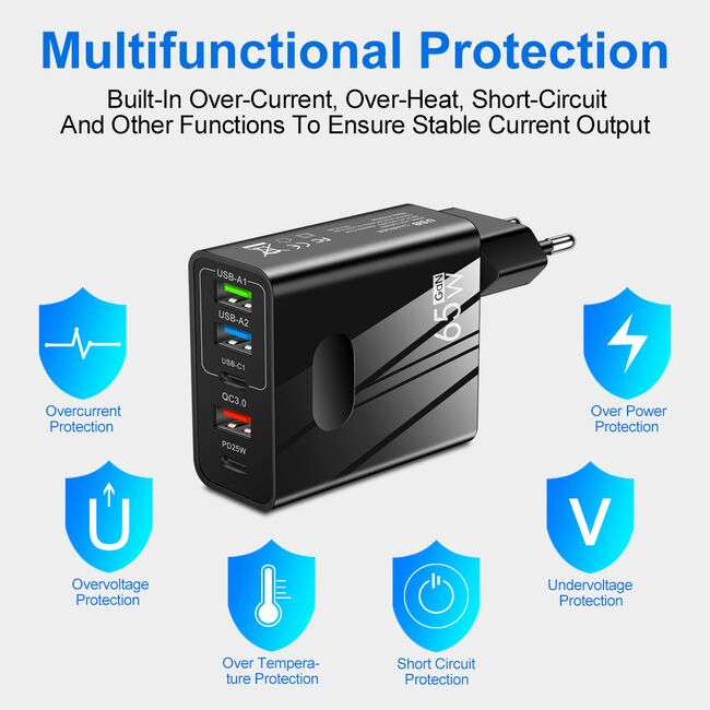 Incarcator priza 65W Fast Charge cu 5 porturi, 3 x USB 3.0, 2 x USB Type C, compatibil telefoane si tablete, negru