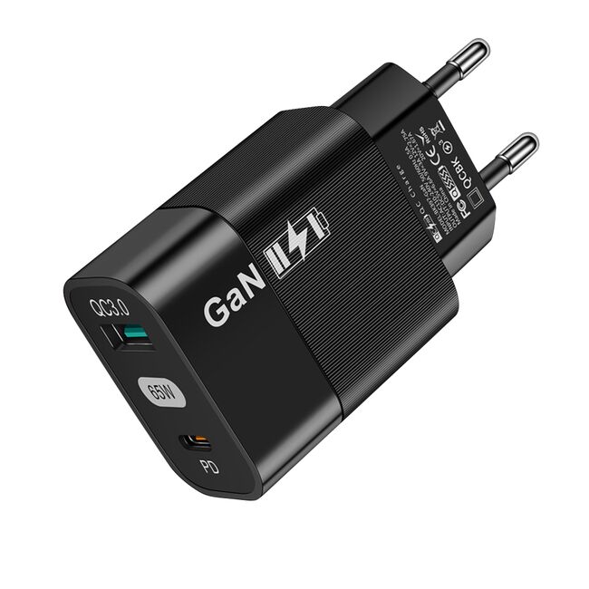 Incarcator de priza fast Charge cu 1 x USB 3.0 si 1 x USB Type-C, PD si QC - GaN 65W - negru