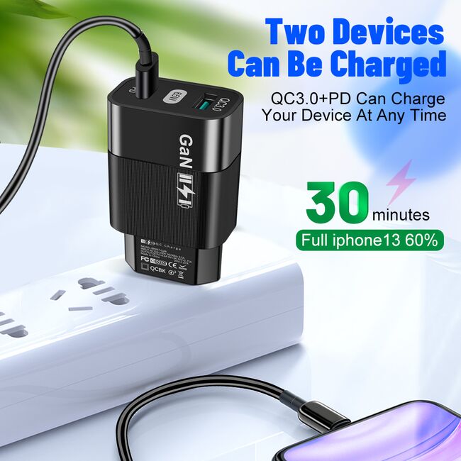 Incarcator de priza fast Charge cu 1 x USB 3.0 si 1 x USB Type-C, PD si QC - GaN 65W - negru