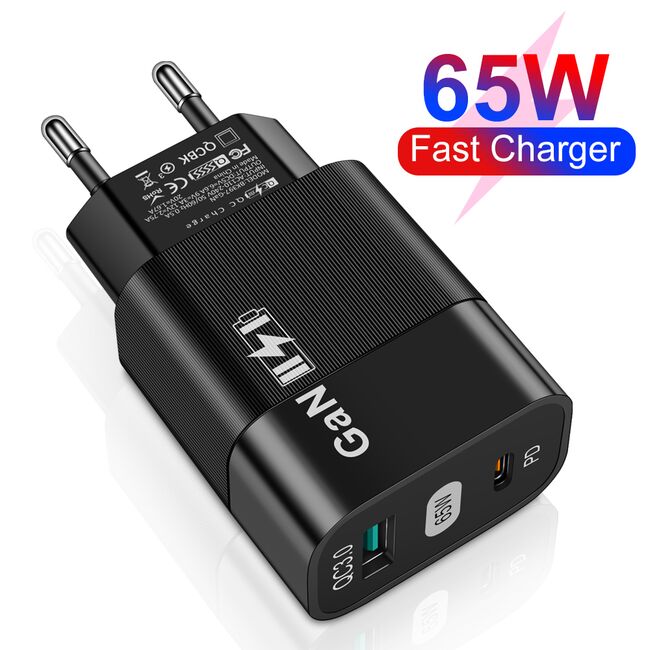 Incarcator de priza fast Charge cu 1 x USB 3.0 si 1 x USB Type-C, PD si QC - GaN 65W - negru