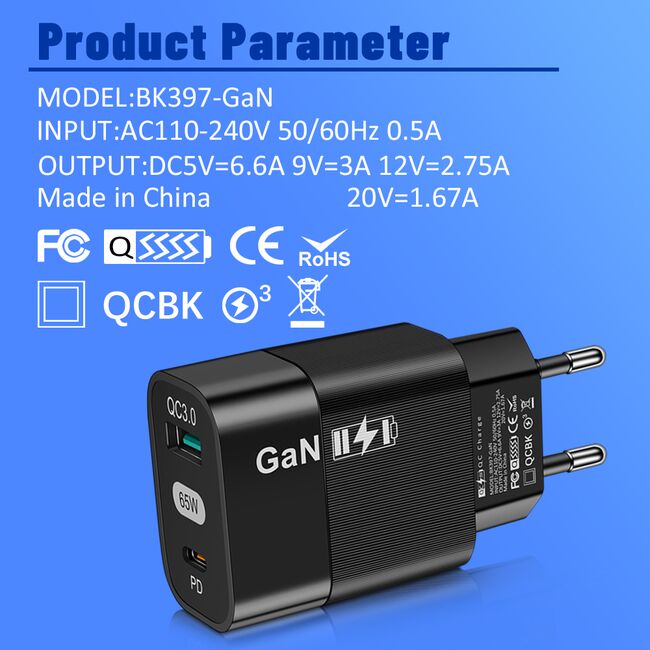 Incarcator de priza fast Charge cu 1 x USB 3.0 si 1 x USB Type-C, PD si QC - GaN 65W - negru
