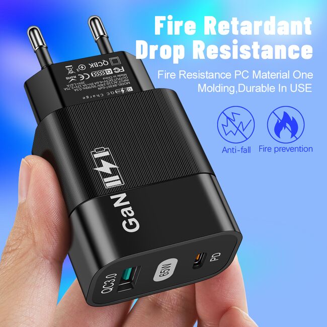 Incarcator de priza fast Charge cu 1 x USB 3.0 si 1 x USB Type-C, PD si QC - GaN 65W - negru