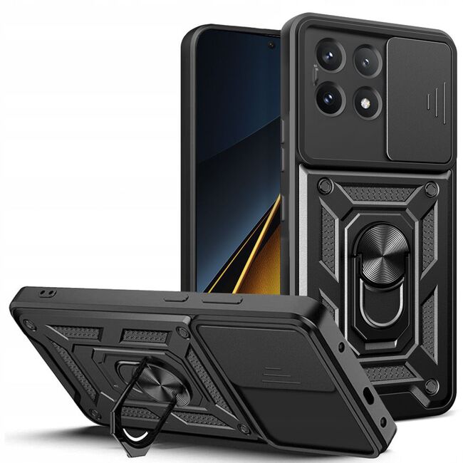 Husa pentru Poco X6 Pro cu inel Ring Armor Kickstand Tough, protectie camera, negru