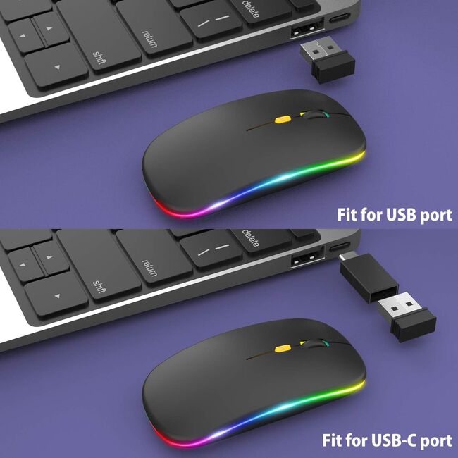Mouse wireless iluminat LED Rechargeable (Bluetooth + USB 2.0, USB-C) 2.4GHz Silent Click pentru Android, iOS, MAC, Windows, negru