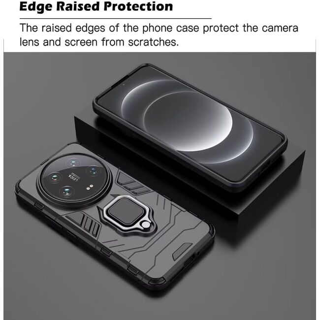 Husa pentru Xiaomi 14 Ultra cu inel Armor Kickstand Tough Rugged Cover, (negru)