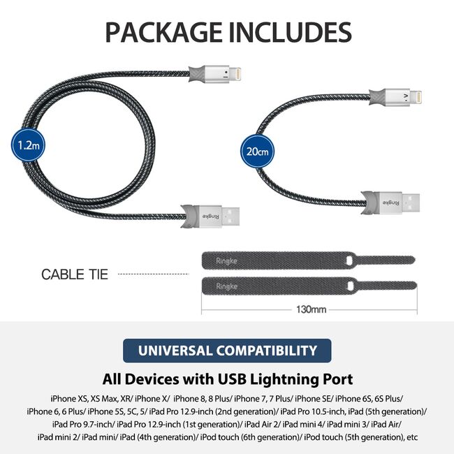Cablu de date USB la Ligntning 20cm, Ringke Smart Fish, gri