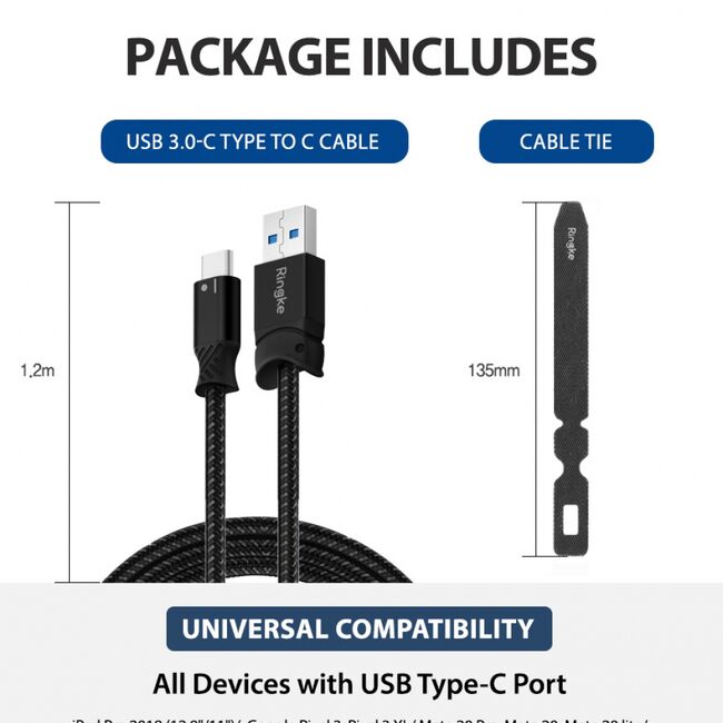 Cablu de date USB la Type-C 1.2m, Ringke Smart Fish, negru