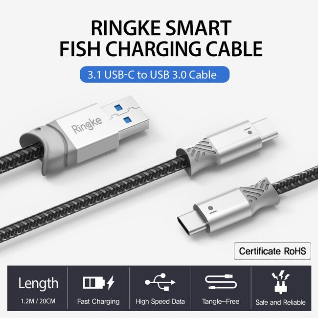 Cablu de date USB la Type-C 20cm, Ringke Smart Fish, gri