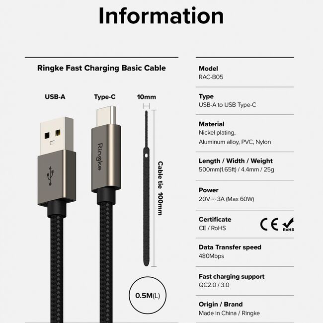 Cablu de date Fast Charging Type-C, 60W, 0.5m Ringke, negru