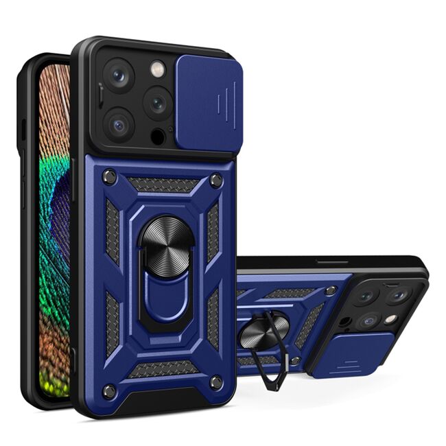 Husa pentru iPhone 15 Pro Max cu inel Ring Armor Kickstand Tough, protectie camera - blue