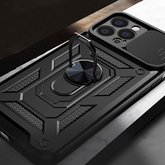 Husa pentru iPhone 15 Pro Max cu inel Ring Armor Kickstand Tough, protectie camera - blue