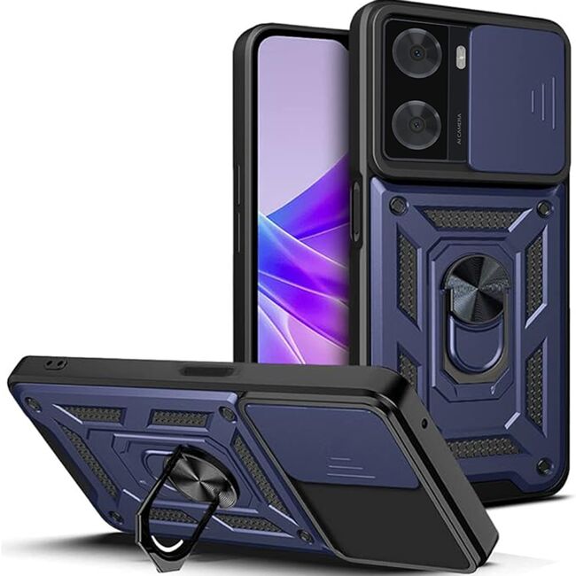 Husa Oppo A57s, A77 cu inel Ring Armor Kickstand Tough Rugged, protectie camera - blue